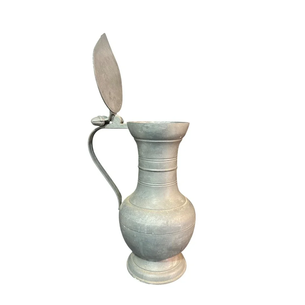 French Flagon Antique Pewter Pitcher Lidded‎ Wine Jug Acorn Thumbpiece Grey 8.5